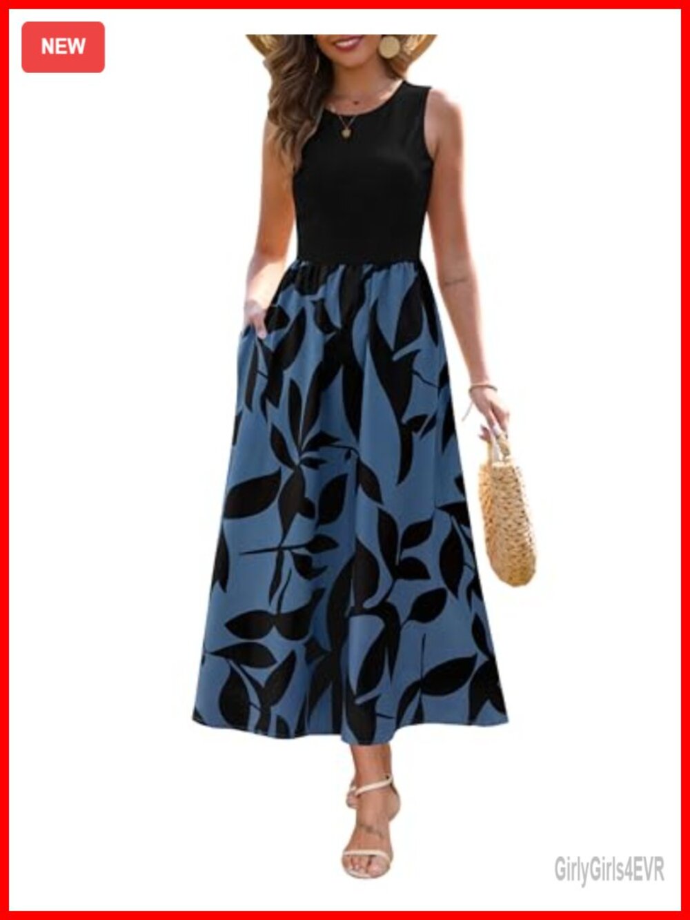 Sleeveless Tank Top Maxi Dress Floral Fit & Flare with Pockets